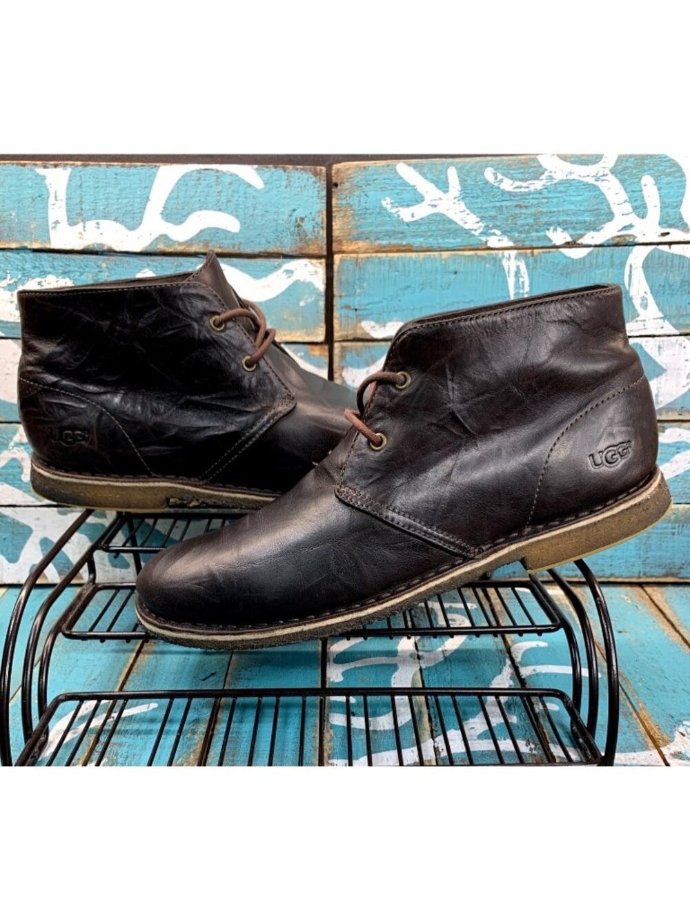 UGG Leighton Chocolate Brown Crinkled Leather Lace-Up Chukka Boots Mens Sz 10